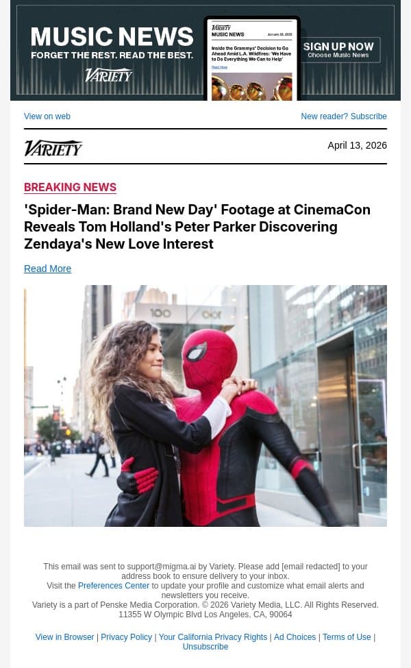 'Spider-Man: Brand New Day' Footage at CinemaCon Reveals Tom Holland's Peter Parker Discovering Zendaya's New Love Interest email from Variety screenshot