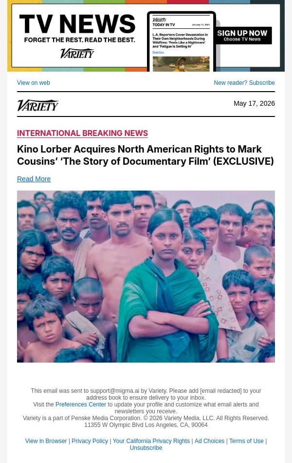 Kino Lorber Acquires North American Rights to Mark Cousins’ ‘The Story of Documentary Film’ (EXCLUSIVE) email from Variety screenshot