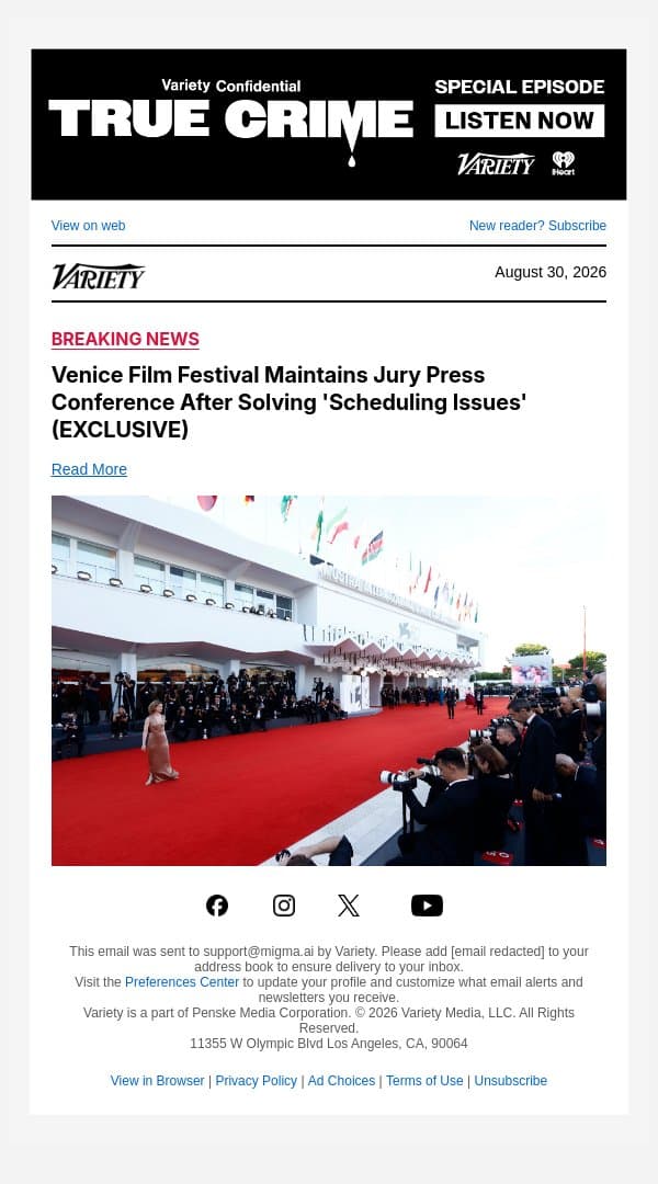 Venice Film Festival Maintains Jury Press Conference After Solving 'Scheduling Issues' (EXCLUSIVE) email from Variety screenshot