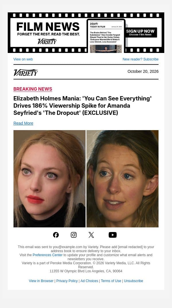 Elizabeth Holmes Mania: 'You Can See Everything' Drives 186% Viewership Spike for Amanda Seyfried's 'The Dropout' (EXCLUSIVE) email from Variety screenshot