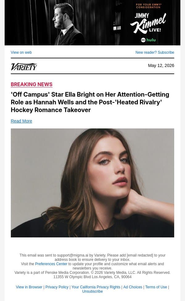 'Off Campus' Star Ella Bright on Her Attention-Getting Role as Hannah Wells and the Post-'Heated Rivalry' Hockey Romance Takeover email from Variety screenshot