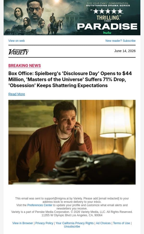 Box Office: Spielberg's 'Disclosure Day' Opens to $44 Million, 'Masters of the Universe' Suffers 71% Drop, 'Obsession' Keeps Shattering Expectations email from Variety screenshot