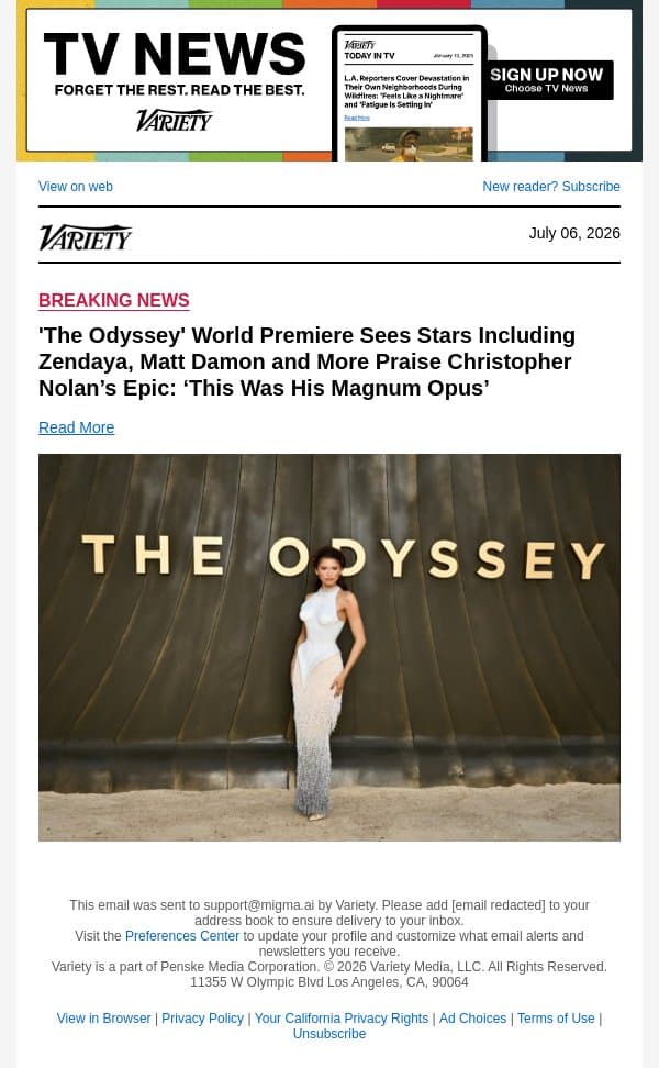 'The Odyssey' World Premiere Sees Stars Including Zendaya, Matt Damon and More Praise Christopher Nolan’s Epic: ‘This Was His Magnum Opus’ email from Variety screenshot