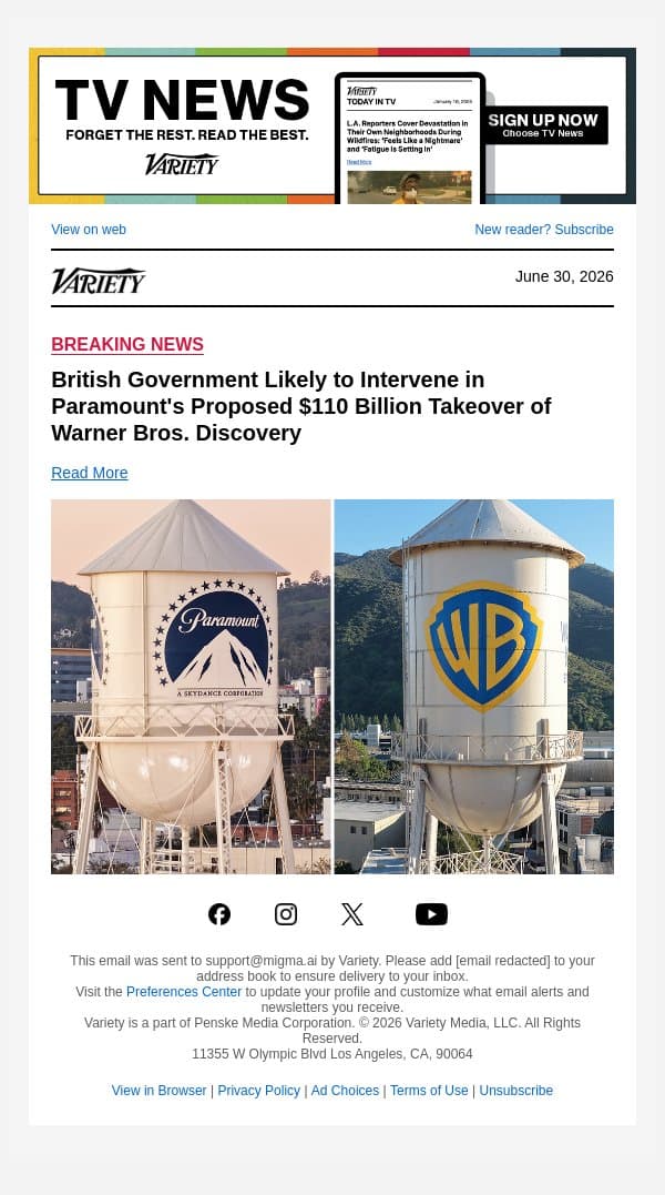 British Government Likely to Intervene in Paramount's Proposed $110 Billion Takeover of Warner Bros. Discovery email from Variety screenshot