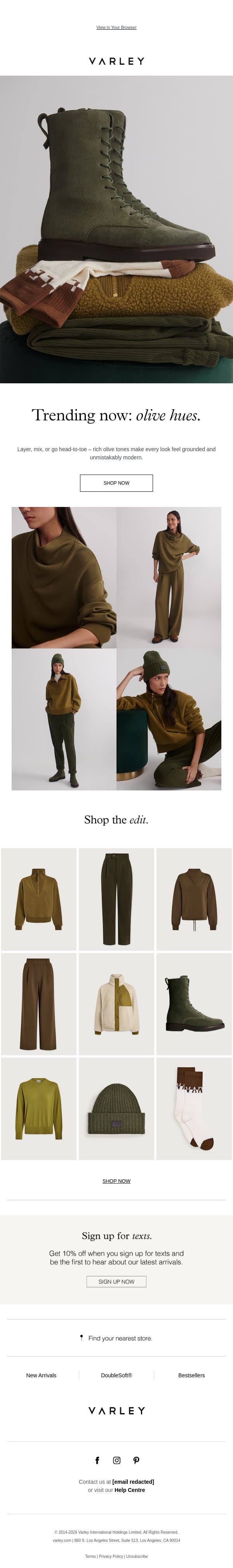 Trending now: olive hues. email from Varley screenshot