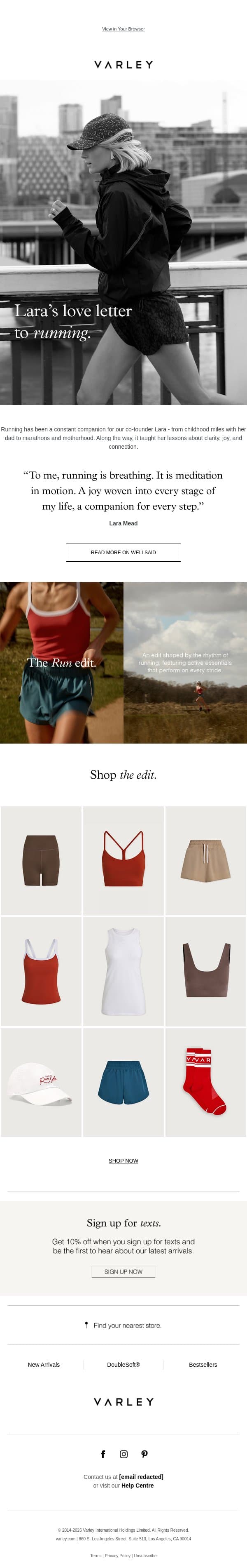 A love letter to running email from Varley screenshot
