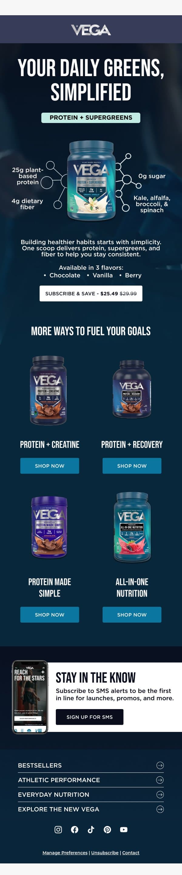 Greens, fiber, protein—covered email from Vega screenshot