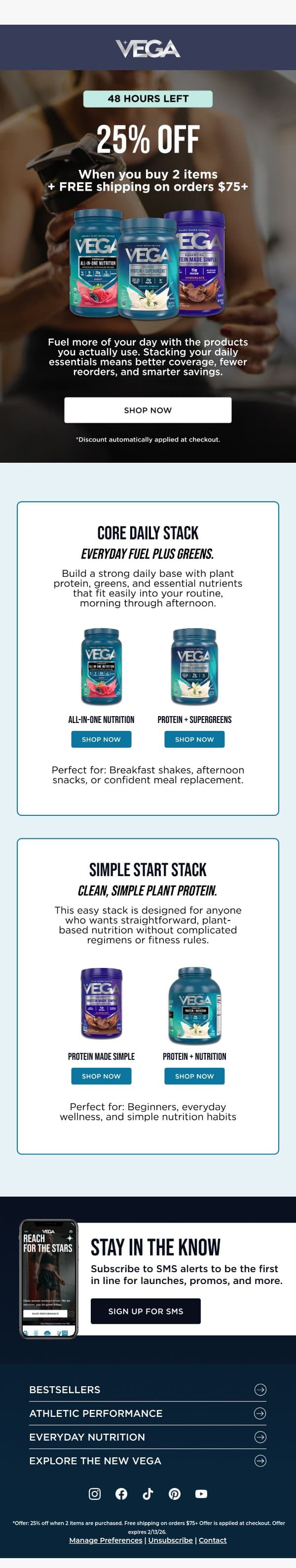 Claim 25% Off Your Fitness Favorites! email from Vega screenshot
