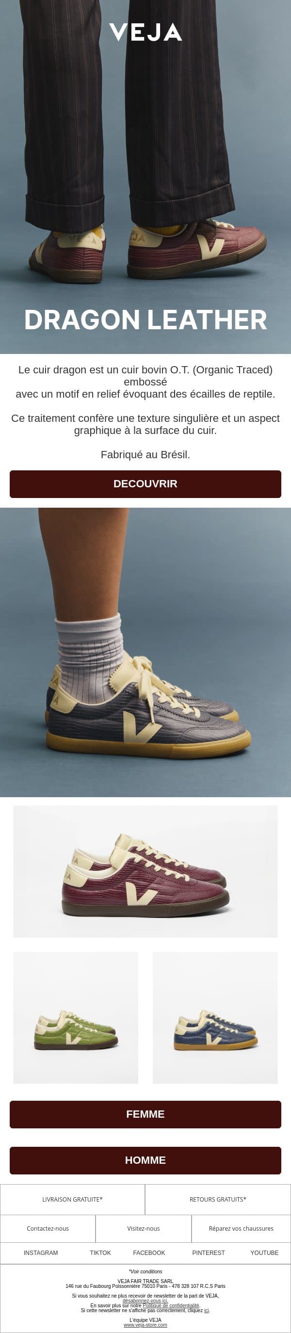 Dragon leather email from Veja screenshot