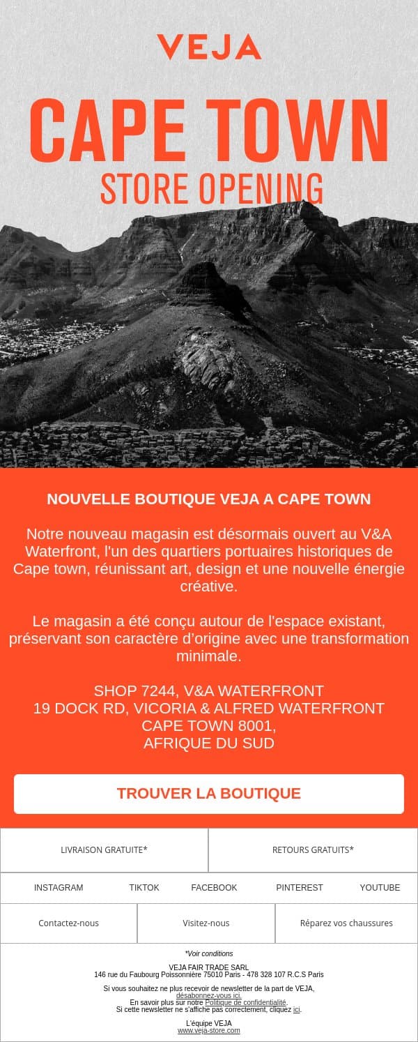 BOUTIQUE VEJA A CAPE TOWN email from Veja screenshot