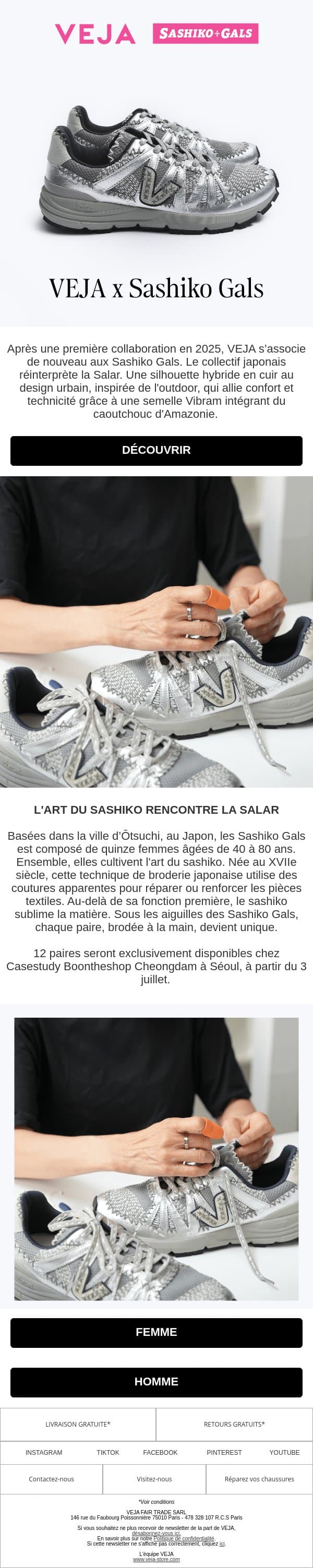 VEJA x Sashiko Gals email from Veja screenshot