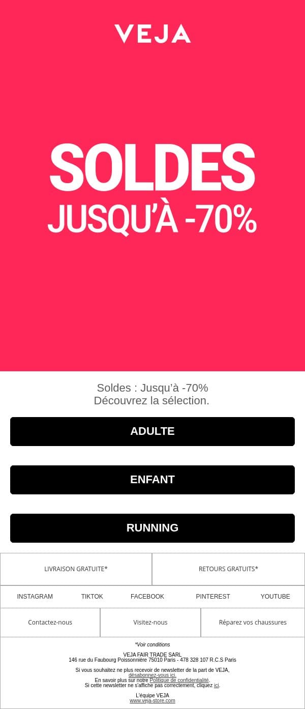 Soldes : Jusqu’à -70% email from Veja screenshot