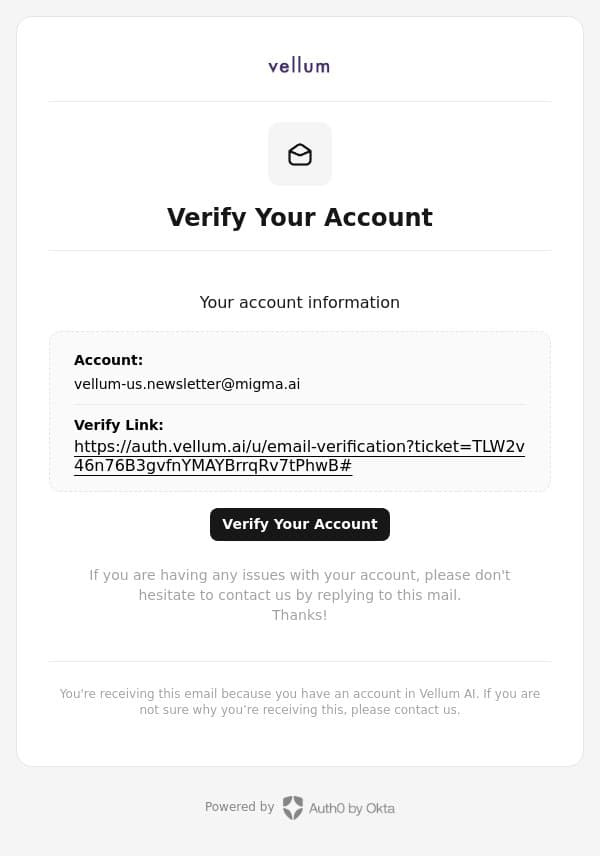 Verify your email email from Vellum screenshot