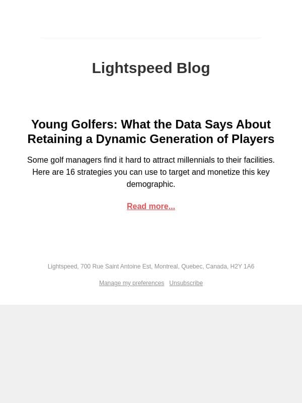 Lightspeed Blog: Young Golfers: What the Data Says About Retaining a Dynamic Generation of Players email from Vend screenshot