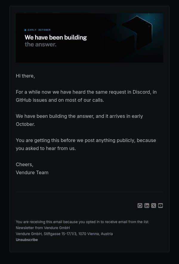 Something lands in early October email from Vendure screenshot