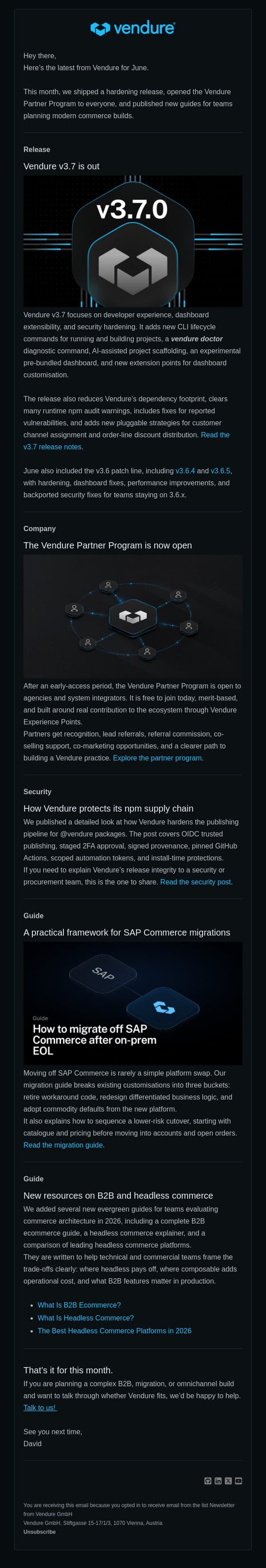 Latest from Vendure: June 2026 email from Vendure screenshot