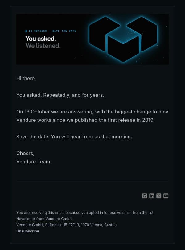 Save the date: 13 October email from Vendure screenshot