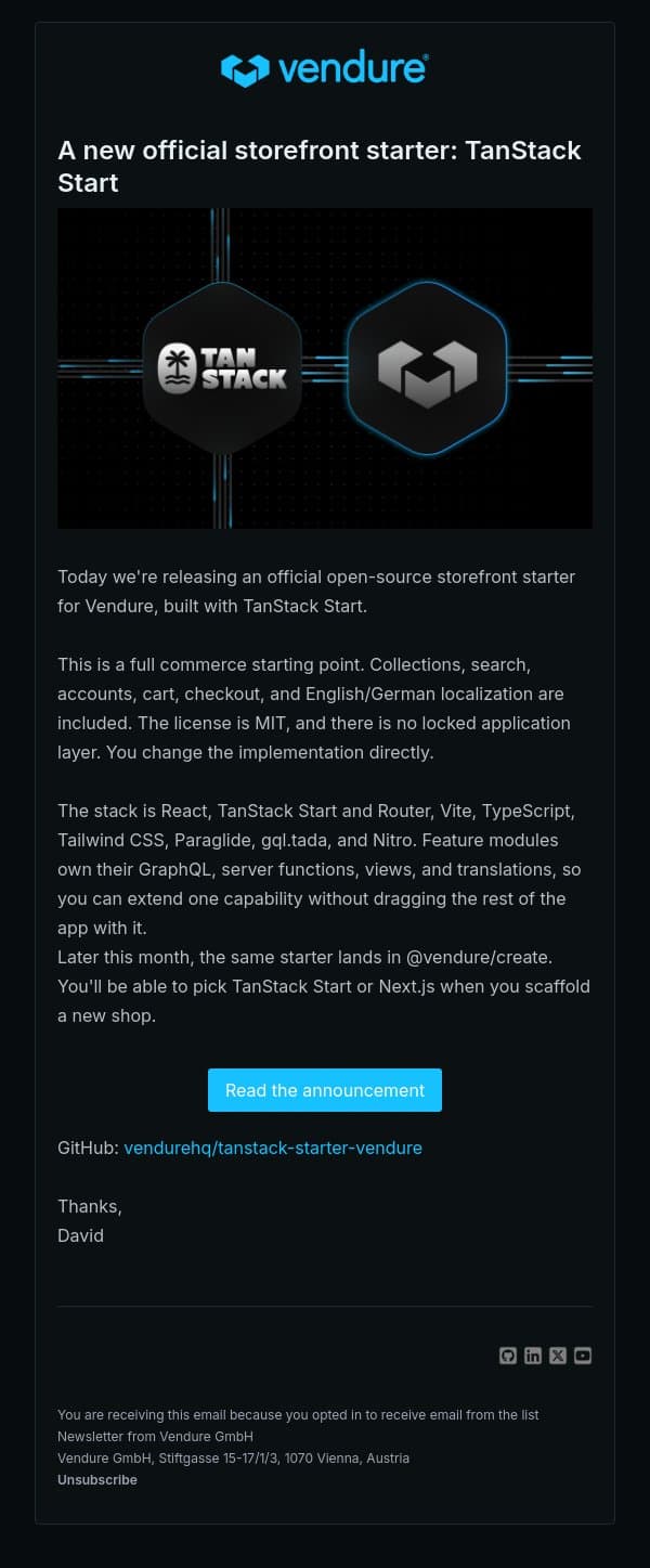 A new official storefront starter: TanStack Start email from Vendure screenshot