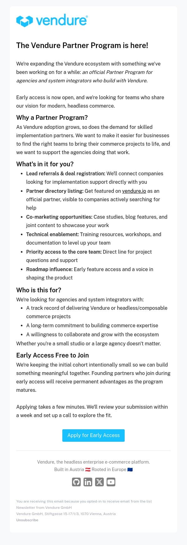 Introducing the Vendure Partner Program | Early Access Now Open email from Vendure screenshot
