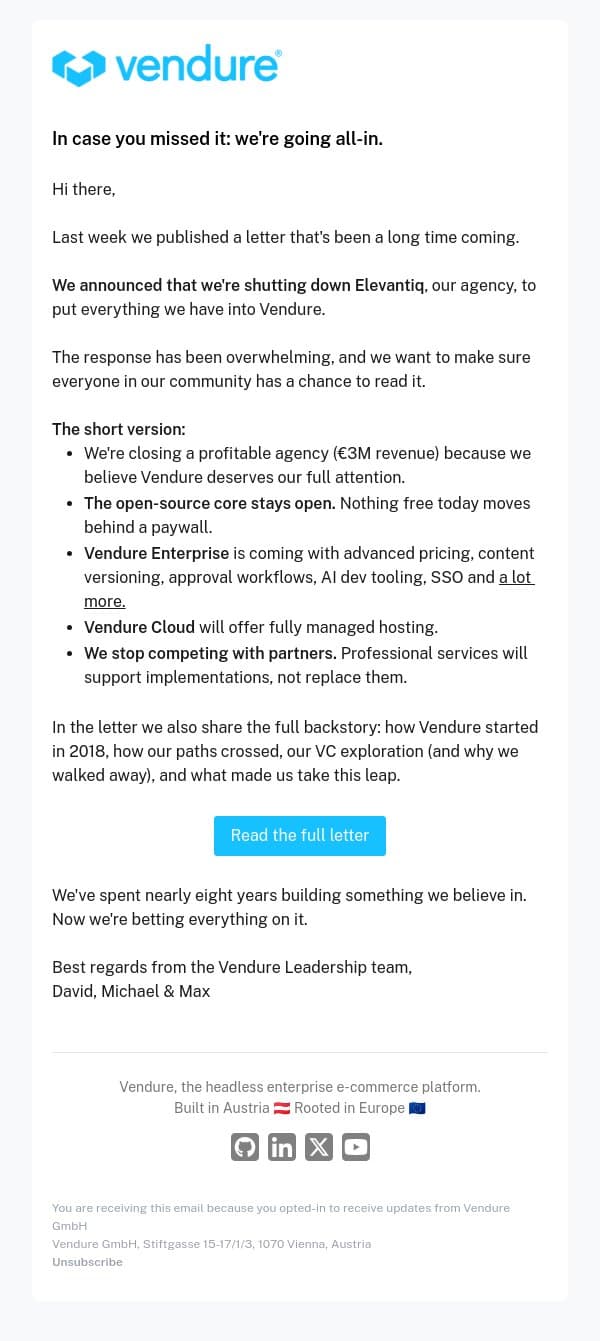Big news you might have missed email from Vendure screenshot