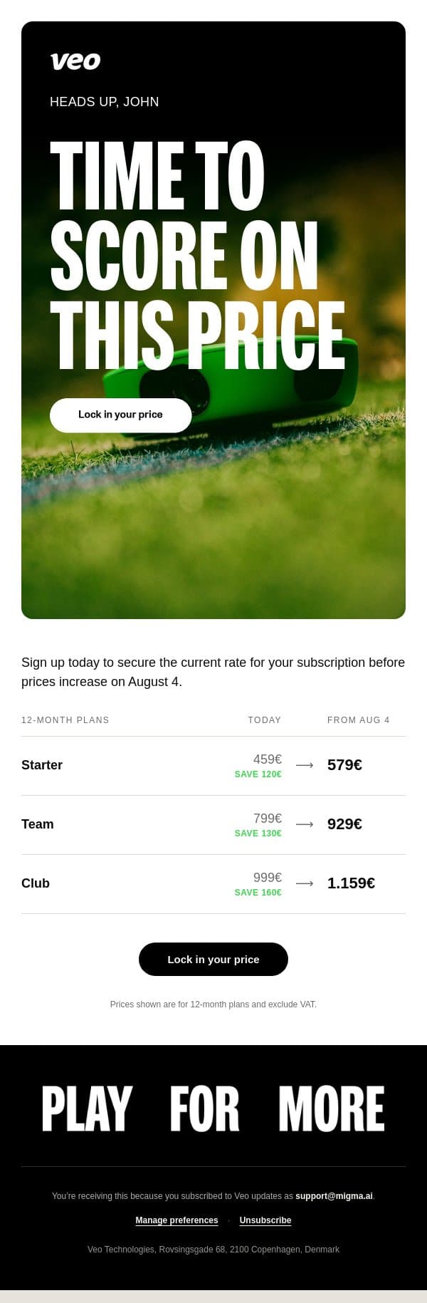 Prices go up Aug 4. Lock in your rate now email from Veo screenshot