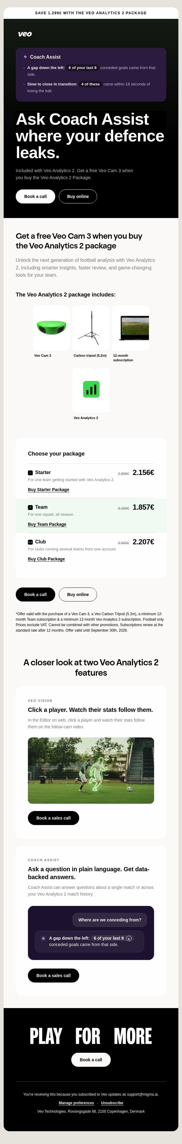 Free Veo Cam 3 with the Veo Analytics 2 package email from Veo screenshot