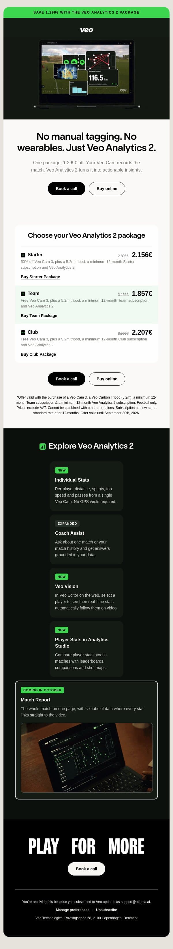 Video, match stats and physical data in one place email from Veo screenshot