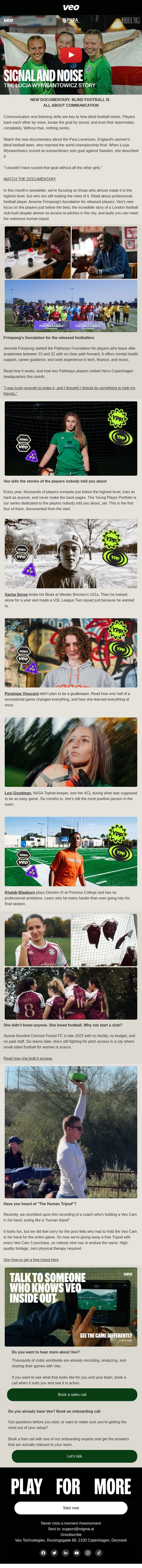 Blind football, released players, and a human tripod email from Veo screenshot