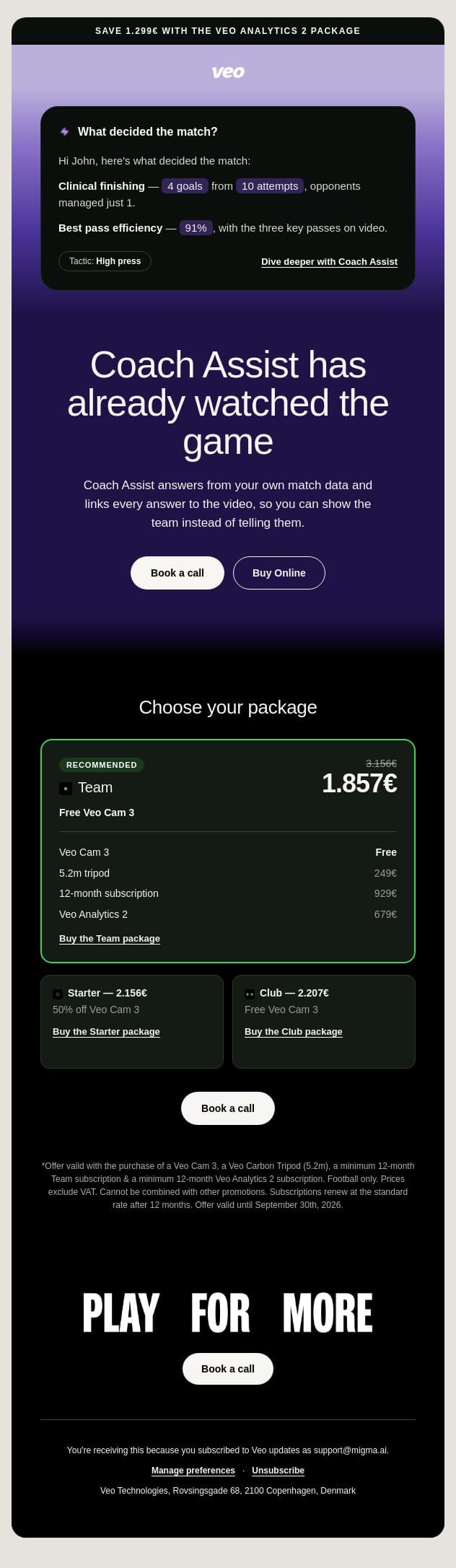 Coach Assist: ask questions about your match email from Veo screenshot