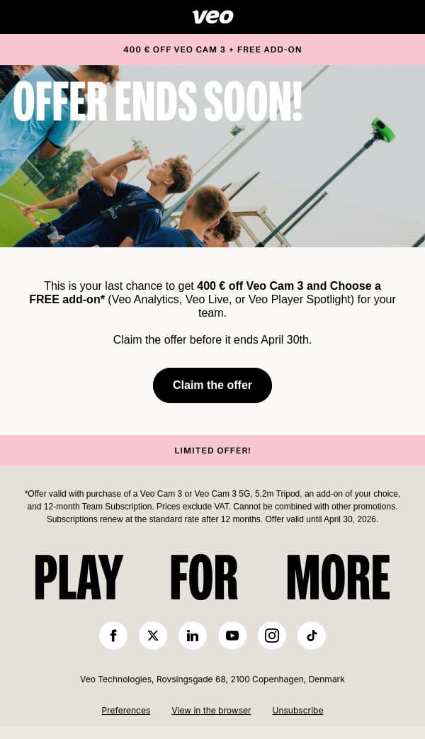 Choose a FREE add-on offer ends soon email from Veo screenshot