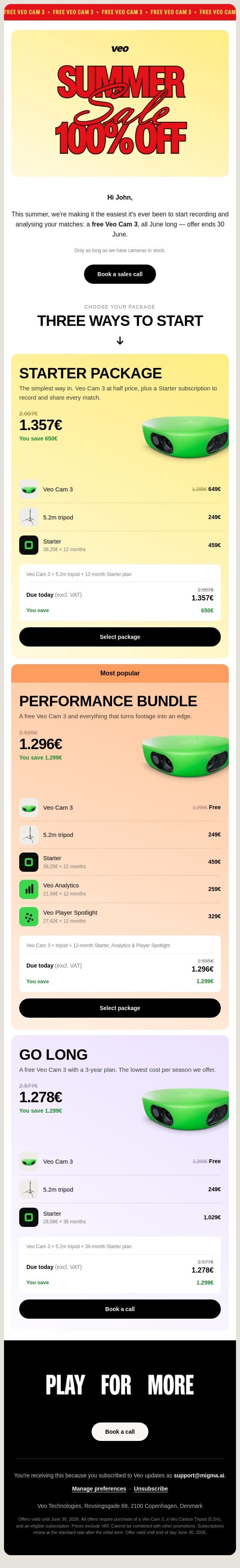 Your free Veo Cam 3 email from Veo screenshot