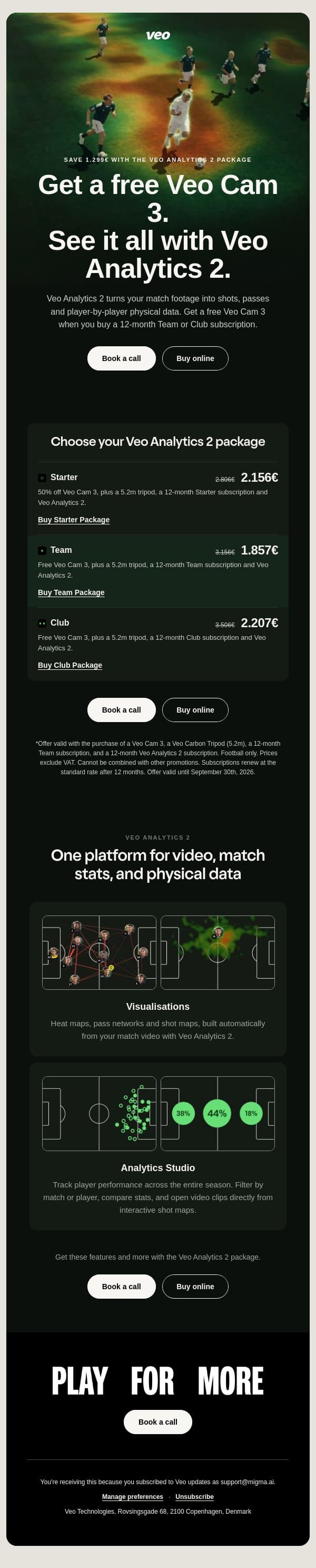 Veo Analytics 2 package: Free Veo Cam 3 email from Veo screenshot