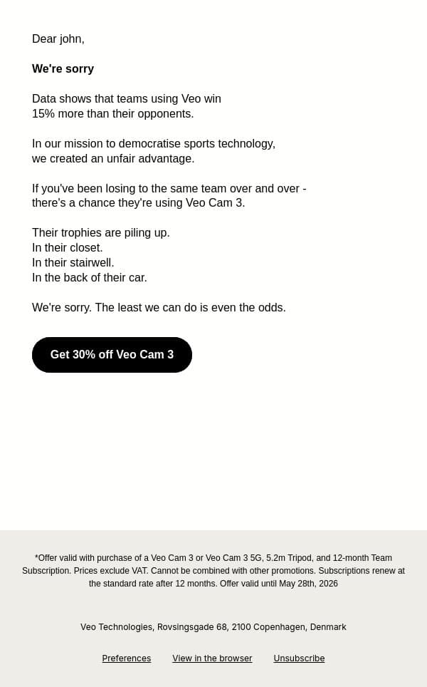 We owe you an apology email from Veo screenshot