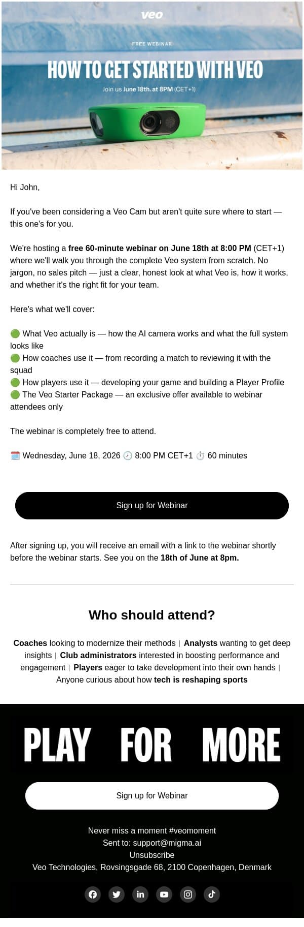 Free webinar: Everything you need to know before buying your first Veo Cam email from Veo screenshot