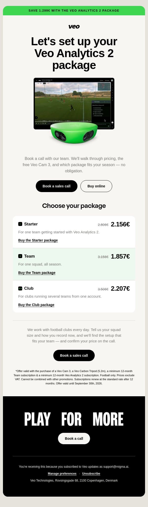 Let's talk about your Veo Analytics 2 offer email from Veo screenshot