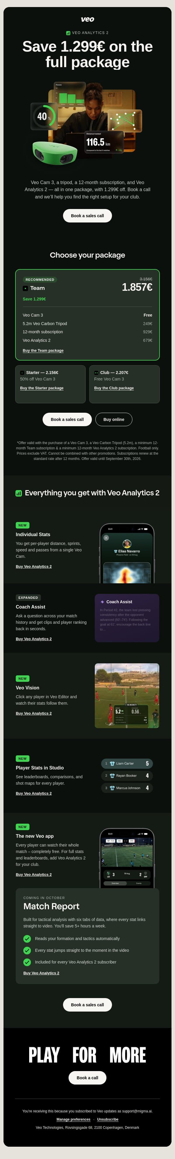 Save 1.299€ on the full Veo Analytics 2 package email from Veo screenshot