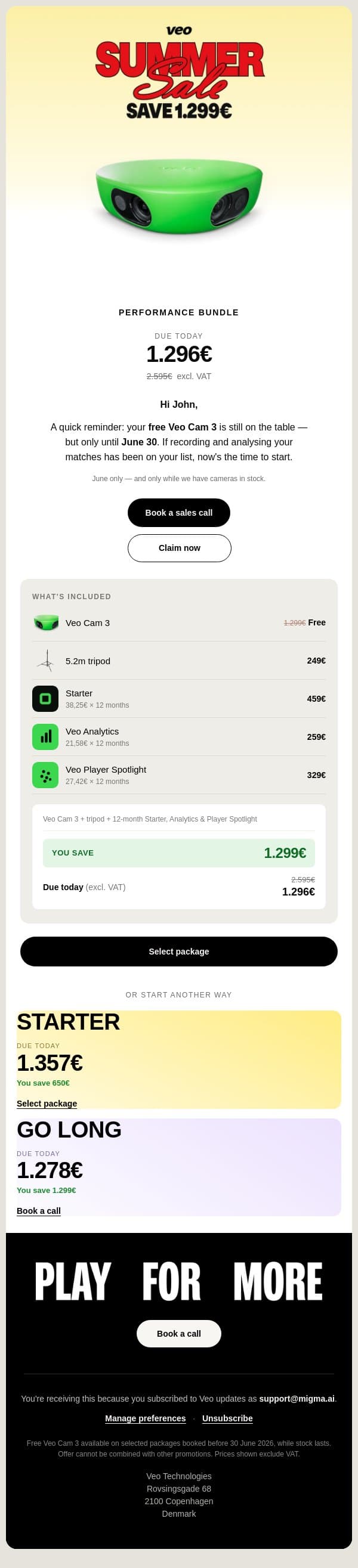 Your free Veo Cam 3 ends on June 30 email from Veo screenshot