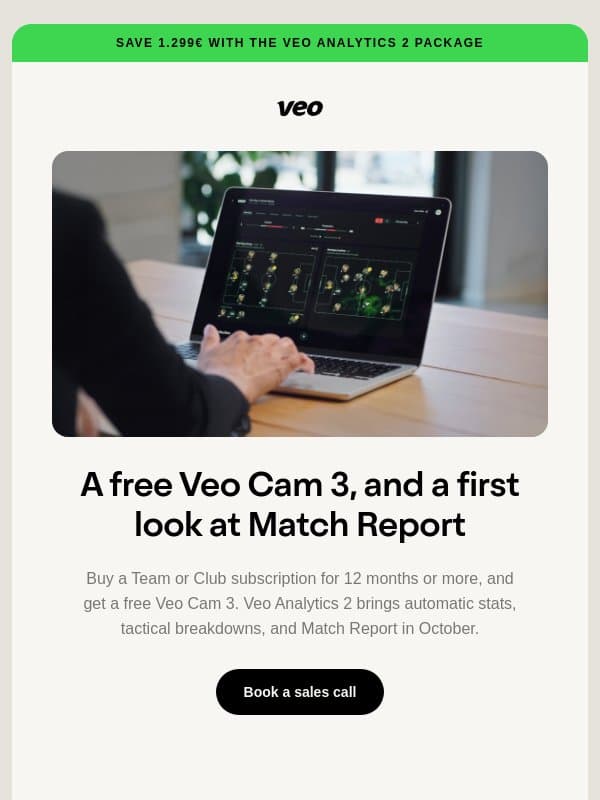 A free Veo Cam 3 — and a first look at Match Report email from Veo