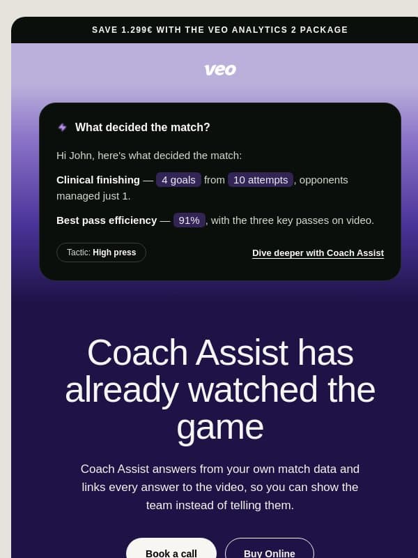 Coach Assist: ask questions about your match email from Veo