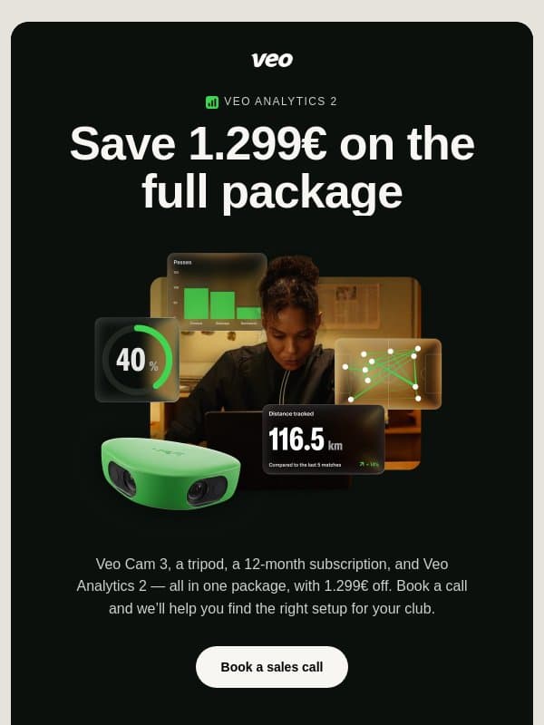 Save 1.299€ on the full Veo Analytics 2 package email from Veo