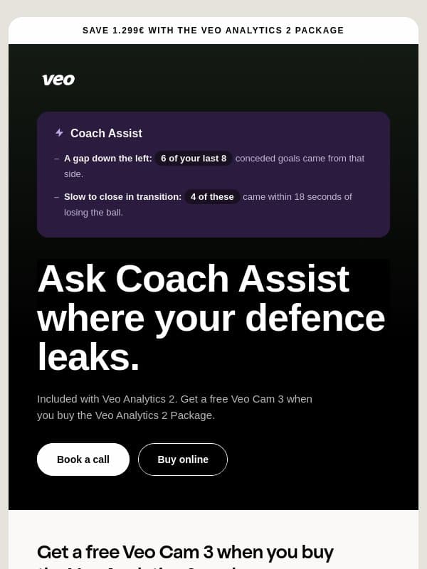 Free Veo Cam 3 with the Veo Analytics 2 package email from Veo