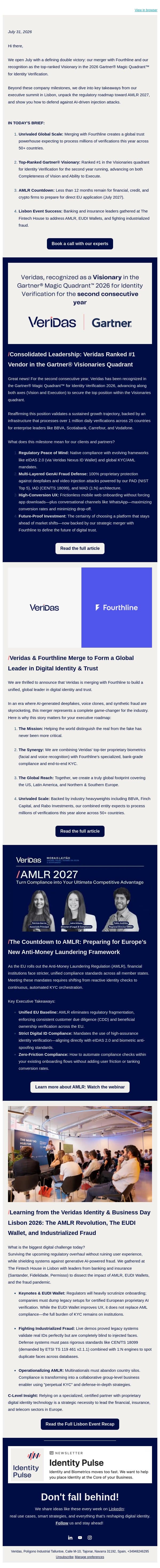 Veridas Ranked #1 Visionary in the 2026 Gartner® Magic Quadrant™ for IDV email from Veridas screenshot