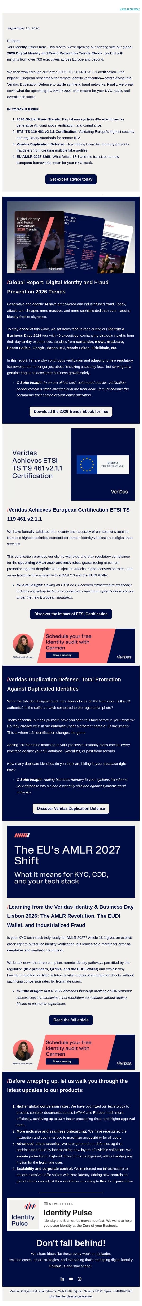 Europe Identity Briefing: 2026 Fraud Trends, ETSI Certification & AMLR 2027 Shift email from Veridas screenshot