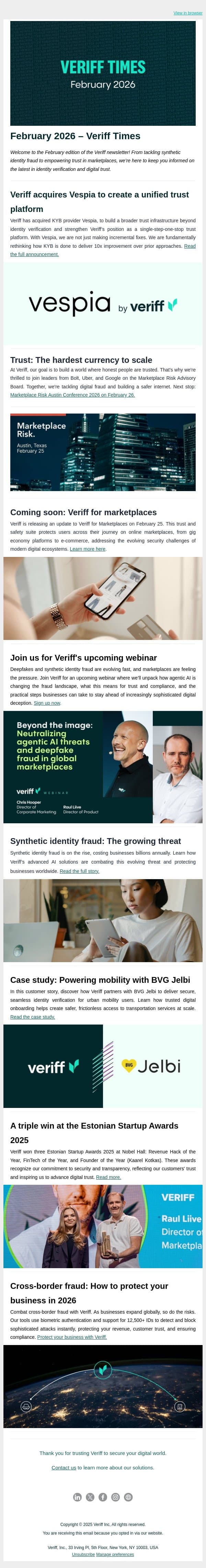 Welcome to the latest edition of the Veriff newsletter. From fraud trends to regulatory updates, we’re here to keep you informed and ahead of the curve. email from Veriff screenshot