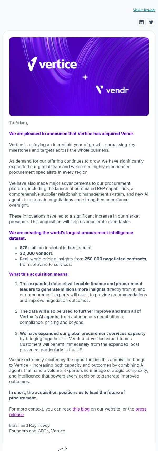 Vertice has acquired Vendr email from Vertice screenshot