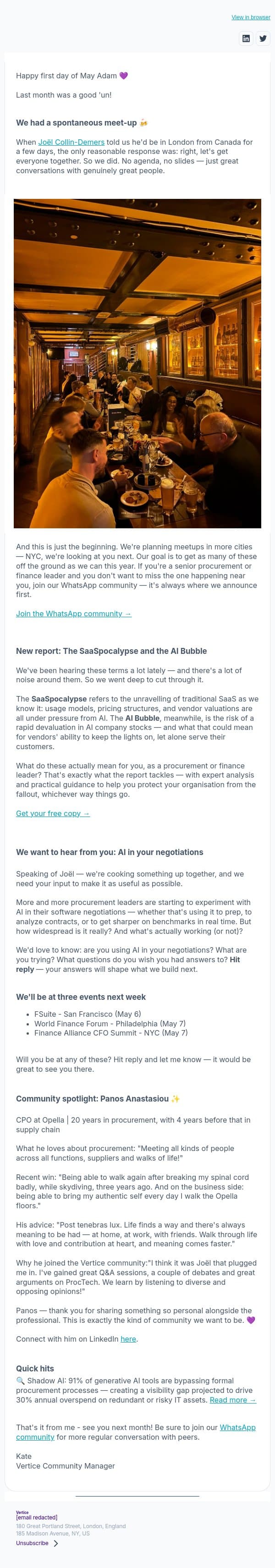 Your April procurement community roundup is here Adam email from Vertice screenshot