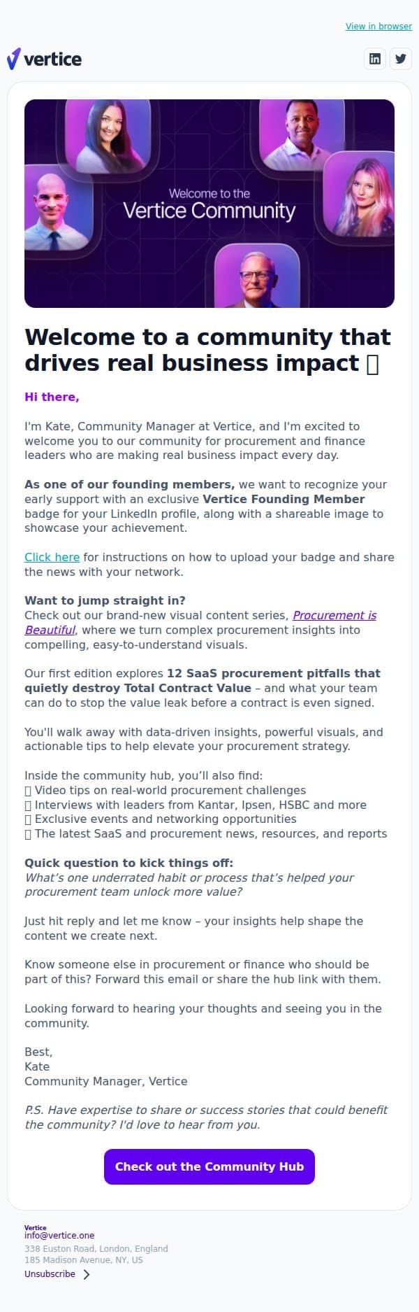 We're so glad to have you here, there email from Vertice screenshot