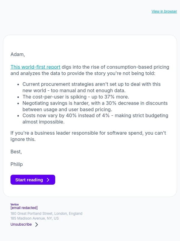 Adam - You spend more than you agreed to when paying for software by usage. email from Vertice screenshot