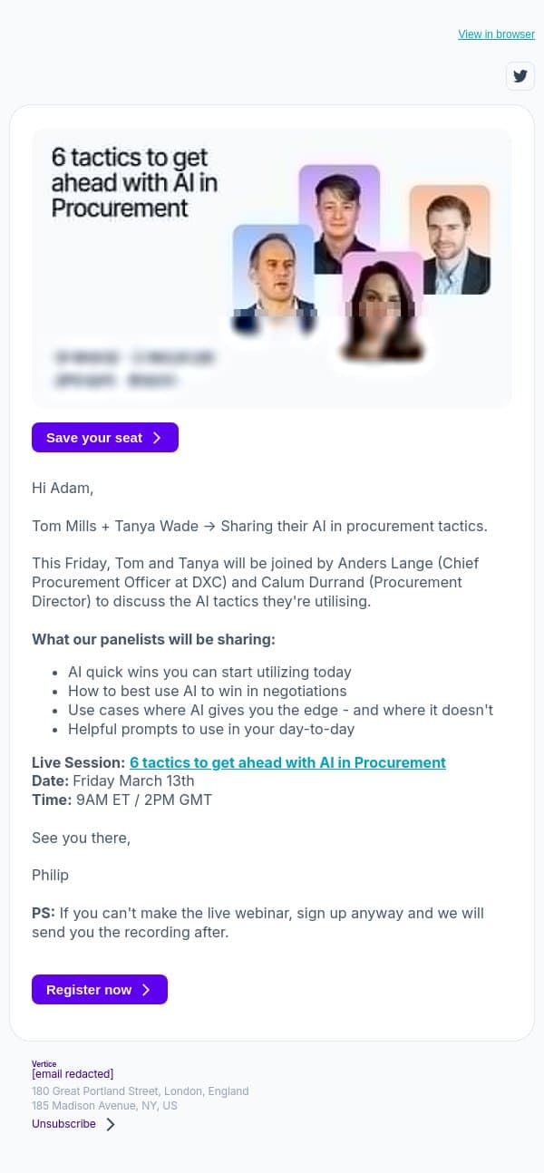 Live insider: Tom Mills + Tanya Wade on AI in Procurement email from Vertice screenshot
