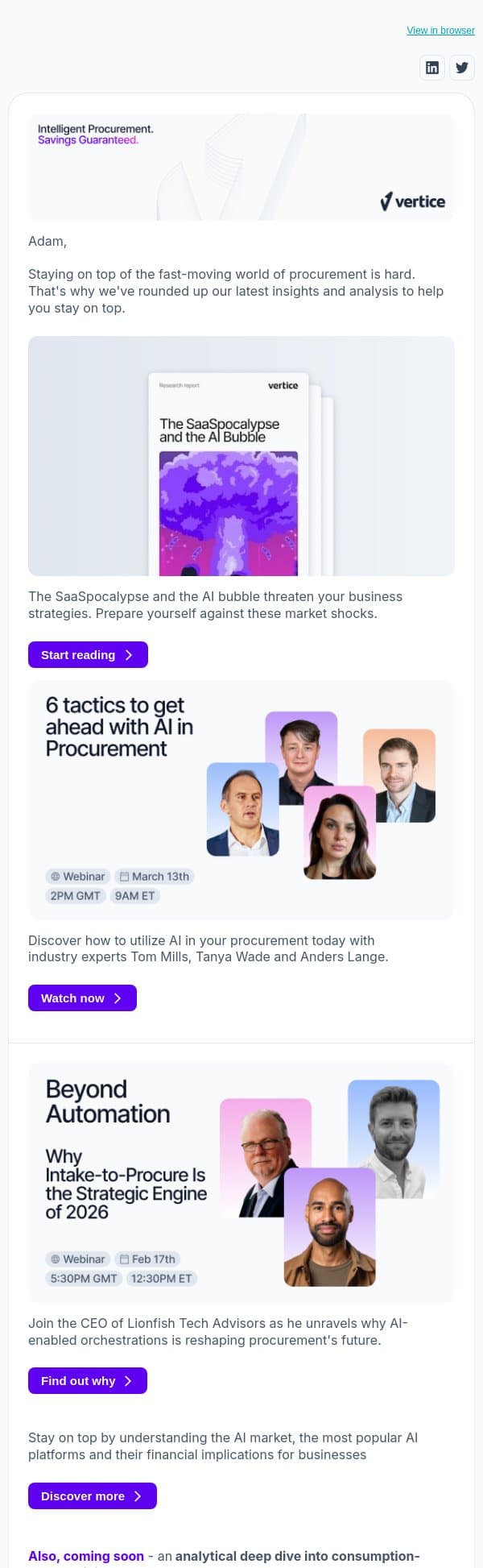 Adam - The SaaSpocalypse, using AI in procurement and why AI-enabled orchestration is changing the shape of purchasing email from Vertice screenshot